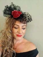 Black Mesh Polka Dot Fascinator Headpiece with Red Flower, One Size