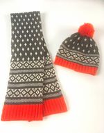 Mini Boden 2pc Knit Hat & Scarf Set Grey/Orange Fair Isle pattern 