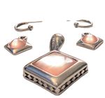 Vintage Rose Quartz Pendant Earrings Set Silver Plated Square Cabochon Pink 5 Pc