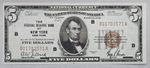 United States 5 dollars bill Issued 1929 New York Brown Seal Excellent