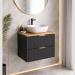 Vanity Unit with Basin 600mm Oak Worktop Black Fluted Ribbed Wall Drawers Adel