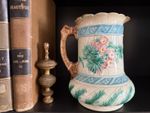 Antique Majolica Floral, Leaf & Barrel Stave Pitcher