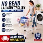 NO BEND LAUNDRY TROLLEY BASKET WITH WHEELS FOLDABLE WASHING CART & PEG POCKET
