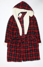 Cotton Traders Men's Red Check Hooded Fleece Robe M/L Winter Belted