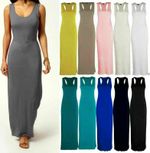 WOMENS LADIES LONG MAXI DRESS PLAIN RACER MUSCLE BACK VEST STRETCH JERSEY 8-26