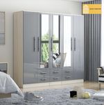 Modern 5 Door Mirrored Wardrobe High Gloss Grey with 6 Drawers Bedroom Storage