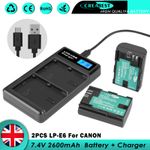 2x 2.6AH LP-E6 Battery & Charger For Canon EOS 5DS Mark II 60D 70D 80D 6D LP-E6N