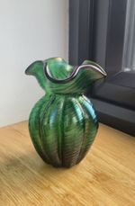 Antique Bohemian Kralik Iridescent Green Art Glass Vase c1900 Art Nouveau