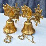 Pair Vintage Solid Brass Horse Head Wall-Mounted Door Bells with Pull Chains