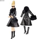 Black Fashion Clothes for 11.5" Doll Outfits Fur Leather Parka Set Accessories