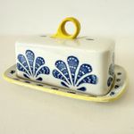 Price Kensington Potteries Butter Dish Ceramic Shells Fish Blue Yellow Vintage