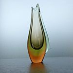 Vintage Murano Sommerso Freeform Green and Orange Glass Vase