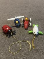 4 Vintage Brio Wooden Toys. Ladybird, Dolphin, Helicopter And Red Race Car
