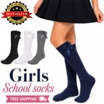 1-12 Pairs Girls Knee High Socks With Bow Long Plain School Everyday Socks