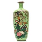 Japanese Cloisonne Vase Lime Green Enamel Glaze Bird Flowers Meiji Period 19th C