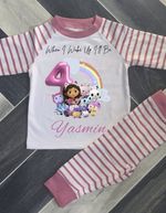 PERSONALISED GABBYS DOLL HOUSE BIRTHDAY PYJAMAS Upto 3-4 Years PINK STRIPED
