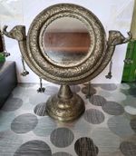 Vintage Indian Elephant Table Mirror Ornate Embossed White Metal 33cm