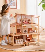 Robud Wooden Dollhouse 3-Storey 4 Rooms Furnished 37pc Set 66cm Kids PretendPlay