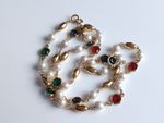 Gold Tone Retro Vintage Chain Necklace  Bezel Set Rhinestone Faux Pearl Mid Size