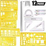 12Pcs Plastic Yellow Geometric Drawings Templates Kit, 6 Different Geometric and