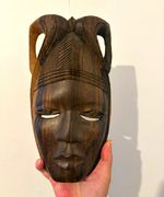 Hand Carved Wooden Tribal People Face Mask, Brown, African Wall Mounted