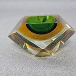 Modernist Faceted Murano Glass Ash Tray bowl Green yellow glass Vintage MCM
