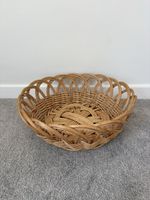 Vintage Rattan Wicker Basket Bowl Round Scalloped Woven Fruit Basket Boho