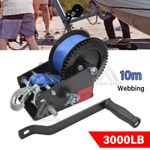 3000lbs Heavy Duty 10M Strap Hand Crank Winch Dual Gear ATV Boat Trailer Manual