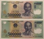 1 Million Viatnamese Dong. 2 x 500,000 Dong. circulated, polymer, genuine notes.