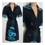 Vintage 70s Black Blue & Teal Floral & Border Print Short Sleeve Belted Dress 12
