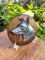 Vintage Cast Aluminium German Shepherd Profile Mounted On Beech