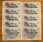 Lot Of 10 X Germany Banknotes. 10 X 100 Mark. Dated 1908. Reichsbanknote.