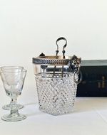 Vintage French Crystal Ice Bucket Silver Metal Lion Head Handles with Ice Tongs