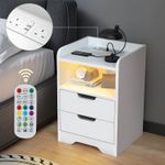 Bedside Tables White High Gloss LED Cabinets 2 Drawers Nightstand Modern Bedroom