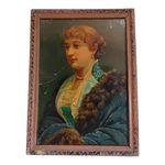 Vintage Litho. Paper Print Portrait De Jeune Femme Chromo Vernie Wooden Frame