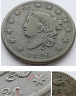 Scarce 1826 / 5 N-8 Overdate Coronet Head 1C USA one cent coin