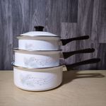Vintage Enamel Saucepan Set of 3 Bakelite Handles 16/18/20 cm - 1970s - New
