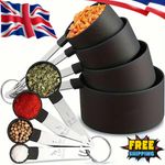 8-Piece Black Measuring Cups & Spoons Set Stainless Steel Handles Baking Cooking