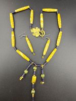 Vintage Necklace Earring Set Yellow Glass Trade Beads Tassle 21”