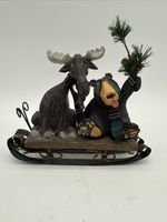 Rustic Moose & Bear Christmas Sled Figurine Cabin Lodge Holiday Decor Statue
