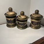 VINTAGE BRASS & ENAMEL COFFEE TEA SUGAR KITCHEN DECORATIVE CANISTERS STORAGE