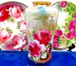 Nippon hand painted roses lake & bird scene red rose gold gilt beaded Japan