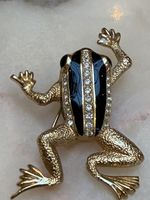 Christian Dior Frog Brooch Gold Plated with Rhinestones Vintage 1980s Signed