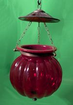 Red Glass Indian HUNDI LAMP Melon Shaped Bell Jar Hanging Lantern (9" Diameter)