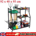 Metal Garden Tool Organizer with Wheels for Garage Yard Tools Storage Stand Rack