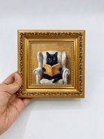 Black Cat Reading Book Vintage Armchair Custom Original Oil Painting from photo