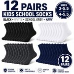 12 PK Kids School Socks Boys Girls Uniform Socks Blk Navy Grey White 3-5 to 4-5