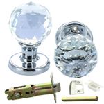Crystal Glass Mortice Door Knobs with Latch, Pair of Clear Cut Glass Internal Do