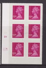 GB SG U2933 MNH MINT STAMP MACHIN DEFINITIVE £1 MAGENTA M11L MAIL CYL BLOCK R1C3