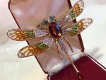 Large Vintage Style Jewellery Enamel Amber Crystal DRAGONFLY Statement Brooch